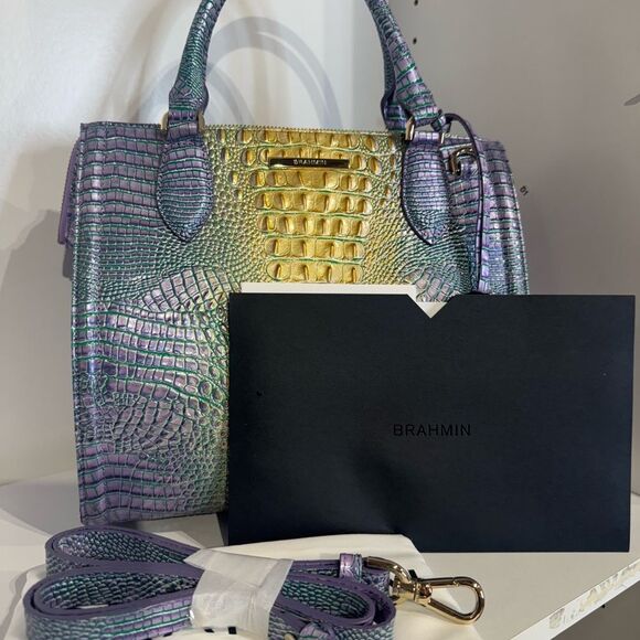 NWT Caroline Brahmin Purple and Gold Crocodile Embossed Satchel